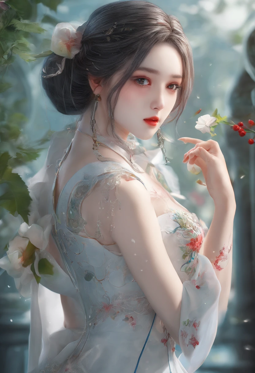 Cirilla Fiona Elen Riannon,(From the outside) , many color,Best quality at best,8K,real photograph,Delicate skin details,tmasterpiece,photograph of-realistic,Complicated details,RAW photogr,on the garden,ssmile,florals,Gorgeous cheongsam,Extra-long hair,cropped shoulders,delicated face,Expose cleavage,decorations,Perfect Finger,Dissection is correct,shiny skins