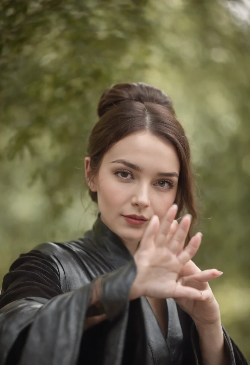 A woman wearing a black leather robe with five fingers in both hands