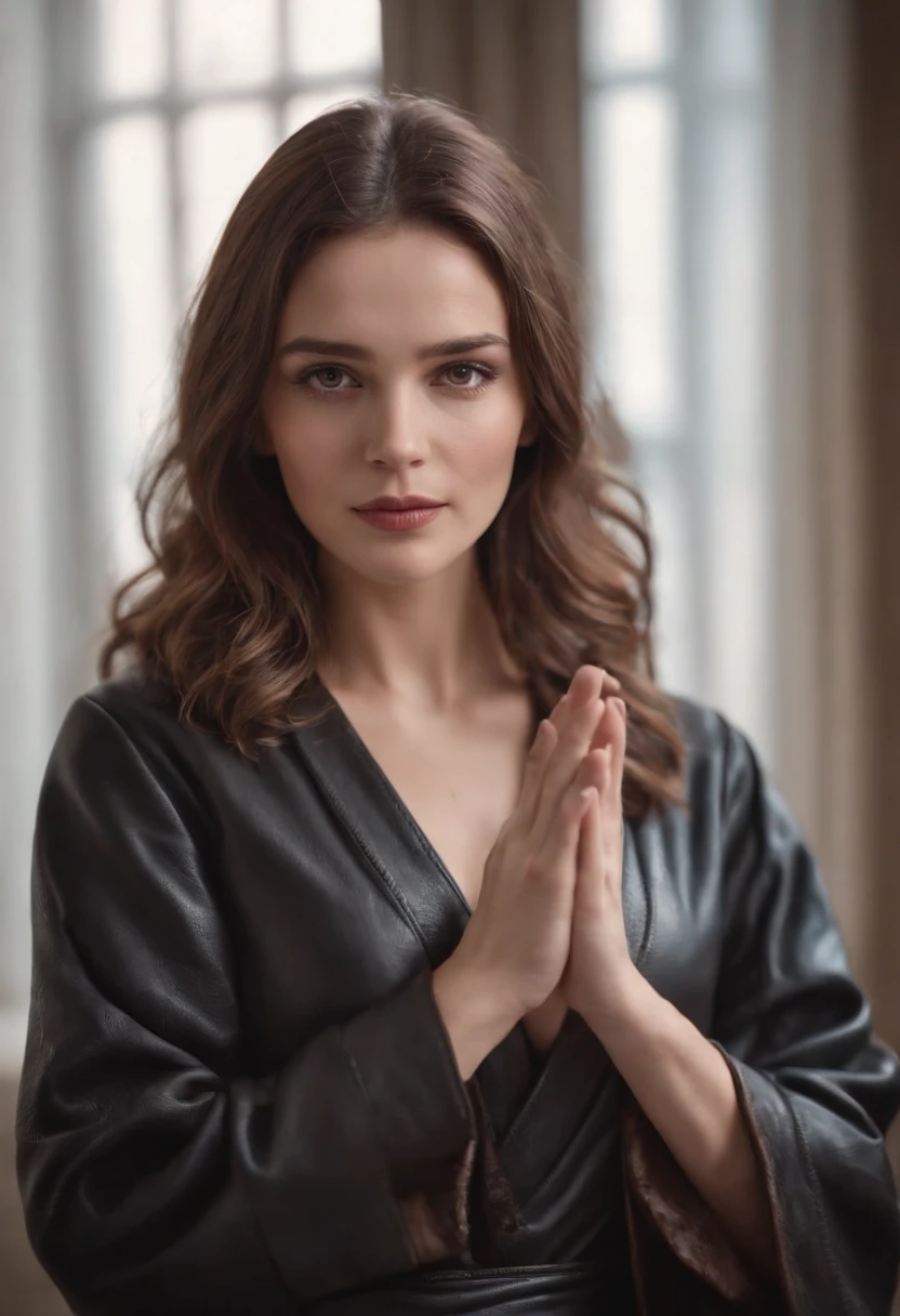 A woman wearing a black leather robe with five fingers in both hands