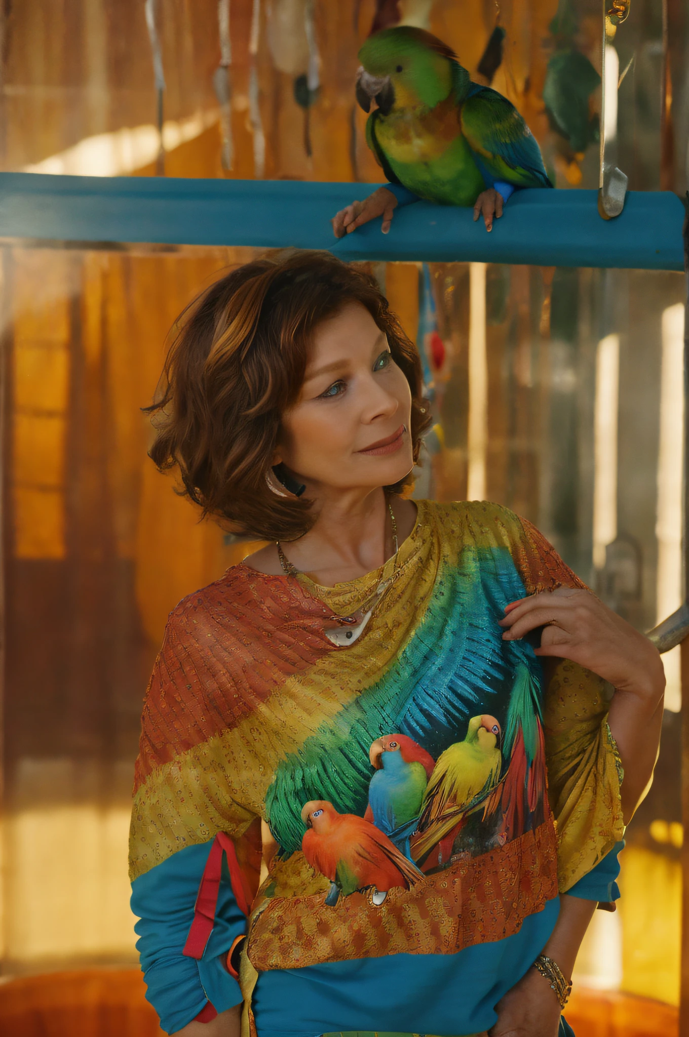 In a room filled with soft music, Yolande, a 60-year-old woman, moves with grace, a pair of parrots chirping melodiously from a nearby cage. Her t-shirt, colored in golden amber, appears to have a shimmering glow effect, casting a honeyed luminosity that feels both cozy and enchanting. The parrots, with their vibrant feathers, add a splash of color and life to the scene. The scene is a blend of the past and the present, with Yolande's elegance and the parrots' songs tying everything together.