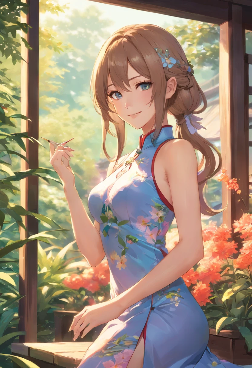 Cirilla Fiona Elen Riannon,(From the outside) , many color,Best quality at best,8K,real photograph,Delicate skin details,tmasterpiece,photograph of-realistic,Complicated details,RAW photogr,on the garden,ssmile,florals,Gorgeous cheongsam,Extra-long hair,cropped shoulders,delicated face,Expose cleavage,decorations,Perfect Finger,Dissection is correct,shiny skins