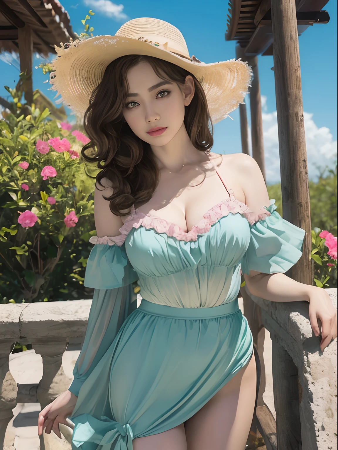Graphic illustration,vector illustrations,((an oil painting。Oil brush stroke,))((an oil painting,Painting a portrait of a maiden)),Pink clouds in turquoise sky。Girly brown curly hair,Cowboy Shot、爆乳、big breasts thin waist、nabel、Crotch gap、thighs thighs thighs thighs、Yellow skirt,warm color scheme,thick lips,large pale green eyes,Oil brush stroke,Delicate hair,Sweet color,Illustration style, portrait of fairy, fantasy portrait