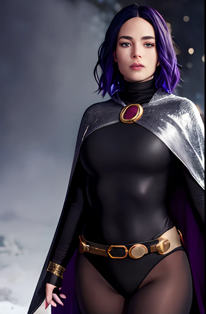 1girl, cowboy shot of rvn, hotraven, pale skin, black leotard, turtleneck, tights, cape, glowing eyes, gold belt, jewels, medallion, athletic, looking at viewer, night, dark forest, mist, fog, volumetric lighting, best quality, masterpiece, intricate details, tonemapping, sharp focus, hyper detailed, trending on Artstation, realistic
