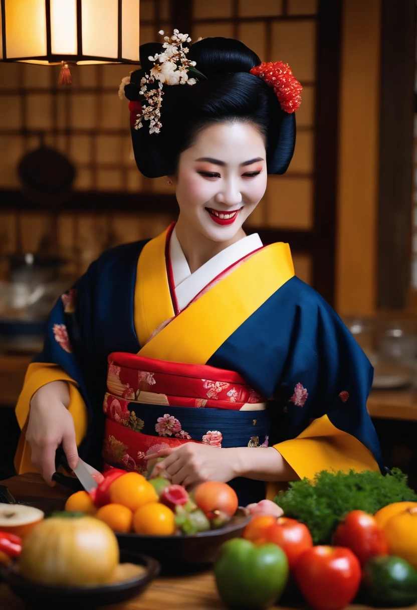 Japan Maiko，Beautiful face、a smile、Kimono is bright with gorgeous patterns、Show with a chef's knife，Bright kitchen，Lots of fruits and vegetables，Very happy laugh