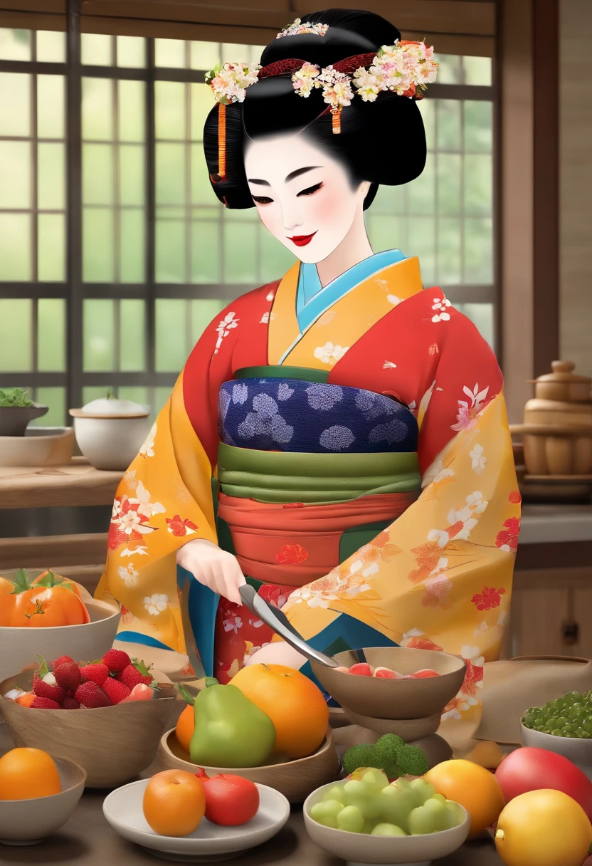 Japan Maiko,Beautiful face、a smile、Kimono is bright with gorgeous patterns、Show with a chef's knife,Bright kitchen,Lots of fruits and vegetables,Very happy laugh