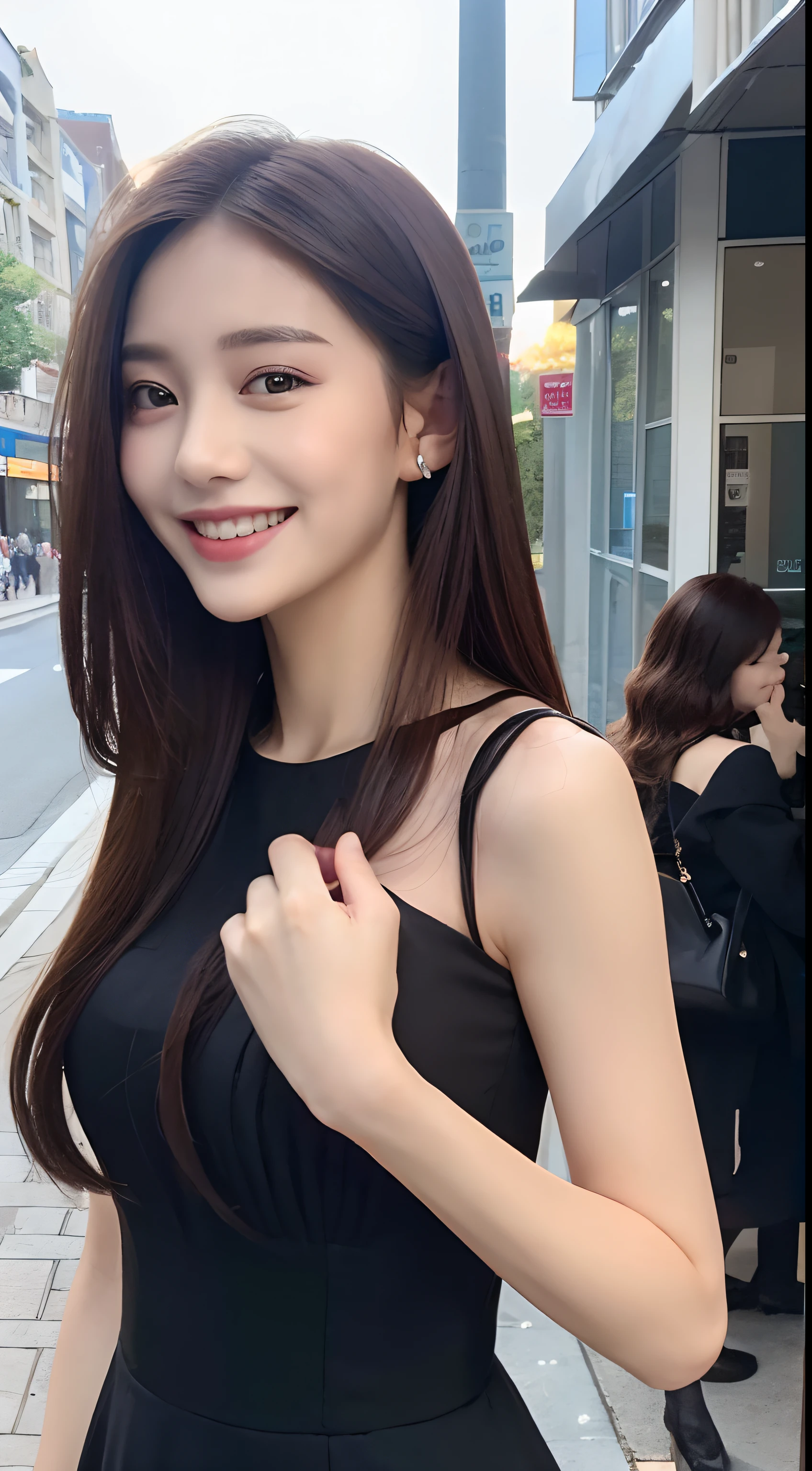 ((Best quality, 8k, Masterpiece :1.3)), 1girl, smiling, full body, slim face, Pretty woman, (Dark brown hair), full length dress :1.1, Ultra-detailed face, Detailed eyes, Double eyelid, blur background, slim face, city, outside, street,