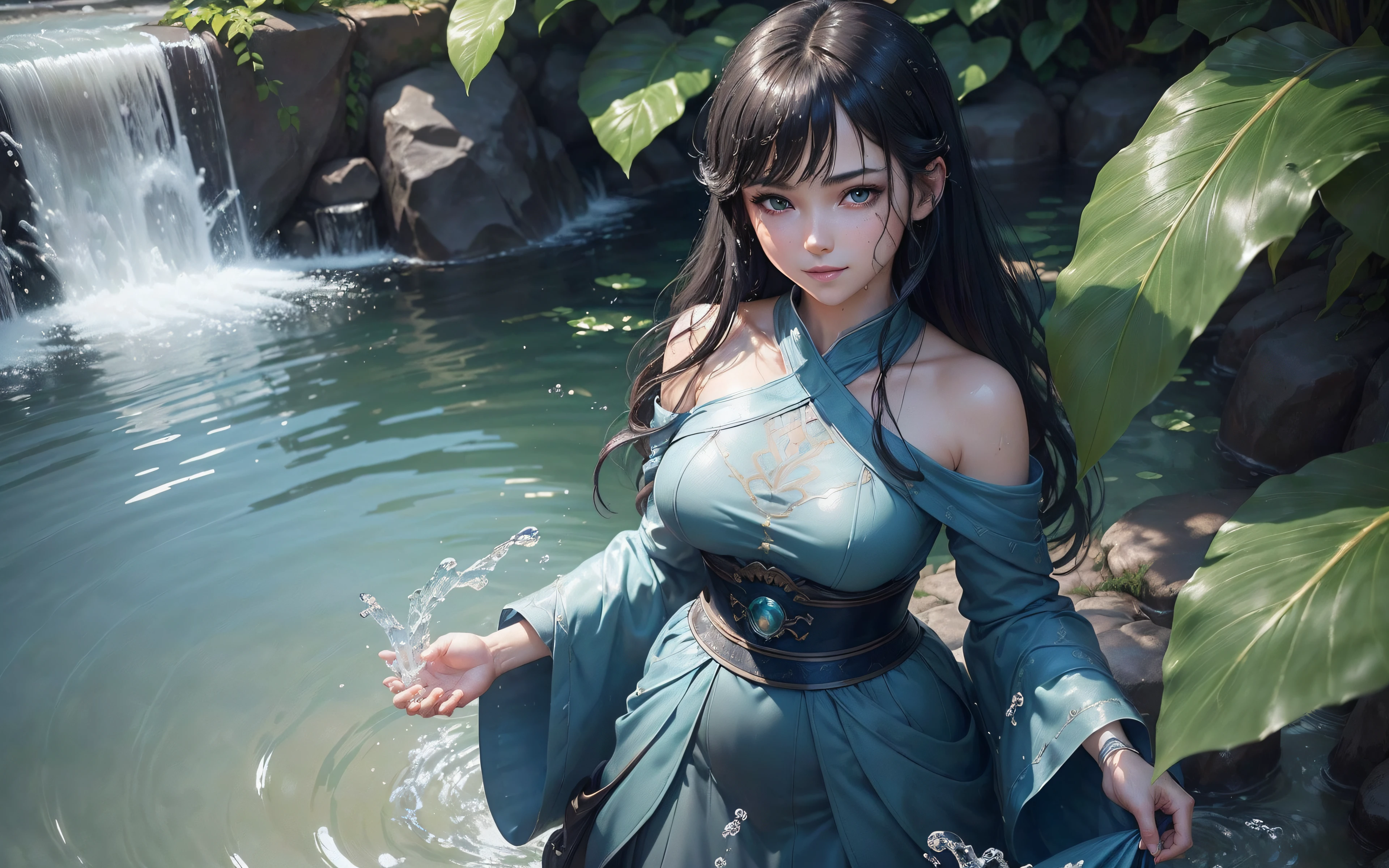 (Best picture quality, 8K, masterpiece: 1.3)), Sharp focus: 1.2, ((Not Sexy)), ((Cute girl Face, Both Eyes same)), (One Girl, 17 year old, Slightly Skinny, Two legs, hide fingers) ((Perfect Face, Perfect Eyes, Bangs, Slim Cheeks, Perfect Lips)), ((Highly detailed face, Smile, standing on your feet:1.2)), ((Highly detailed facial and skin texture)), (Black hair), ((Water Bender , Control Water by hands , Power)) , (Full traditional clothes, wearing full clothes), (cute), (anime girl in a blue dress standing in a pool of water, full sweater, long skirt, green plants, artwork, fantasy art style, art, closeup fantasy with water magic, CGI anime fantasy artwork, art)