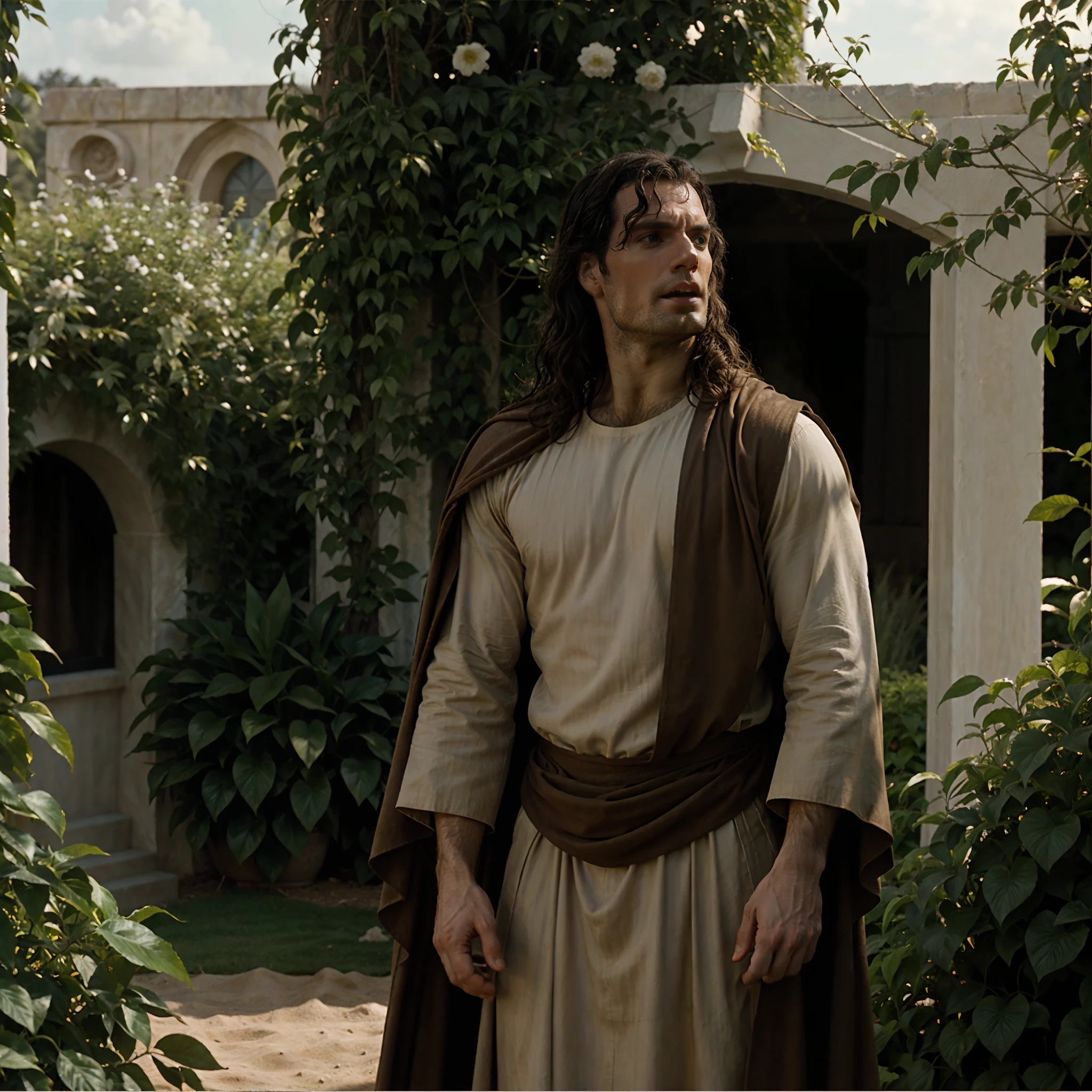 Photograph of a HENRYCAVILL PERSON as Jesus Christ in the Passion of the Christ during his time agonizing in a garden, warm atmosphere, Captured by Panavision Panaflex Platinum Camera with Panavision Primo Primes Spherical Lens 50mm T1.9