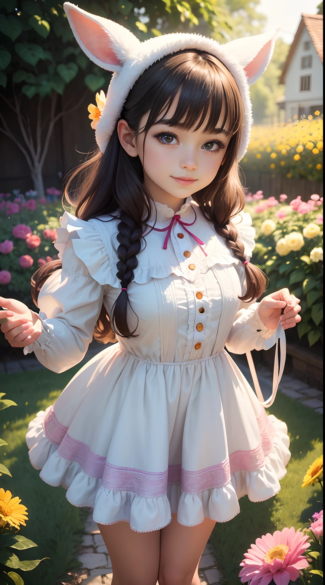 Girl in rabbit costume, Has beautiful and delicate eyes, beautiful detailed lips, and extremely detailed faces, Long eyelashes. She stands in a colorful garden,The garden is full of blooming flowers. The girl had a happy expression on her face,Surrounded by a soft one, Warm light. The image quality is the highest, With 4K resolution and ultra-detailed rendering. The colors are vivid and vibrant, Create a fun and fun atmosphere. This artwork was created using a mix of illustration and photographic techniques, Give it a unique and artistic style. The overall tone of the image is light and cheerful, With a hint of whimsy. Girls' clothing is made of soft and fluffy materials, Added playfulness to the scene.