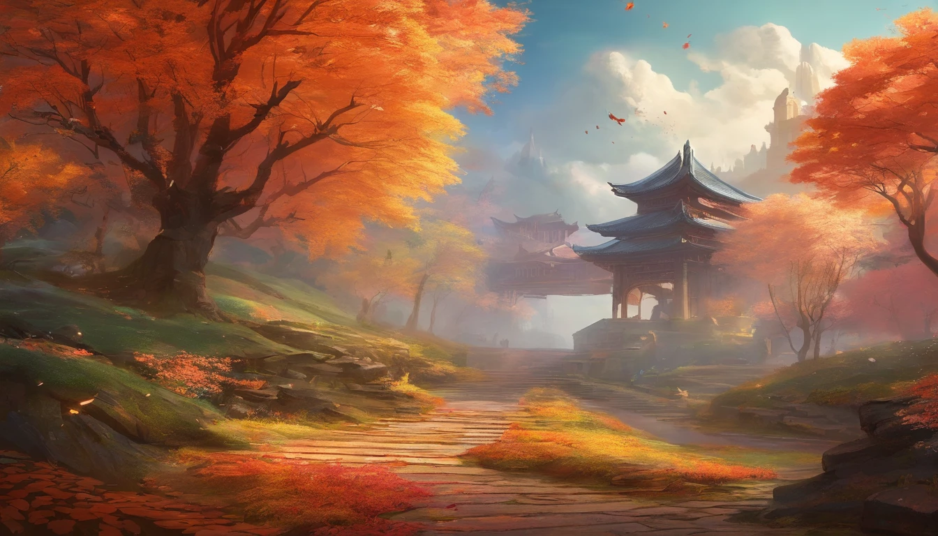 China-style,Ultra-wide angle of view,Beautiful view of autumn,school ground,Wagas,Cloud fog,fall foliage,Fallen leaves all over the ground,oc rendered,high qulity,8K,super-fine,Hyper-realistic,Ultra photo realsisim,35mm camera lens,ultra - detailed