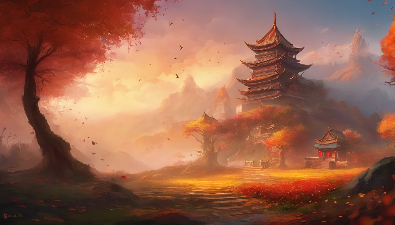 China-style,Ultra-wide angle of view,Beautiful view of autumn,school ground,Wagas,Cloud fog,fall foliage,Fallen leaves all over the ground,oc rendered,high qulity,8K,super-fine,Hyper-realistic,Ultra photo realsisim,35mm camera lens,ultra - detailed