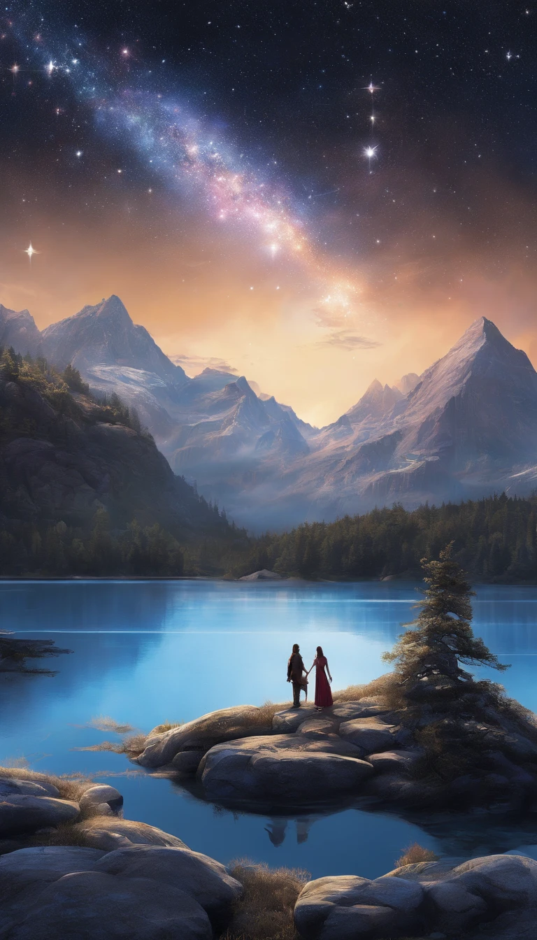 The starry sky with mountains and lakes, Jessica Rosier, inspired by jessica rossier, jessica rossier fantasy art, Concept art magic highlights, Official artwork, Dream painting, Ethereal realm, atmospheric artwork, Fantastic matte painting, Tranquil endless stars,Inspired by Ted Nasmith, Starry sky environment in moonlight, Epic music album cover.You can find me to customize the picture
