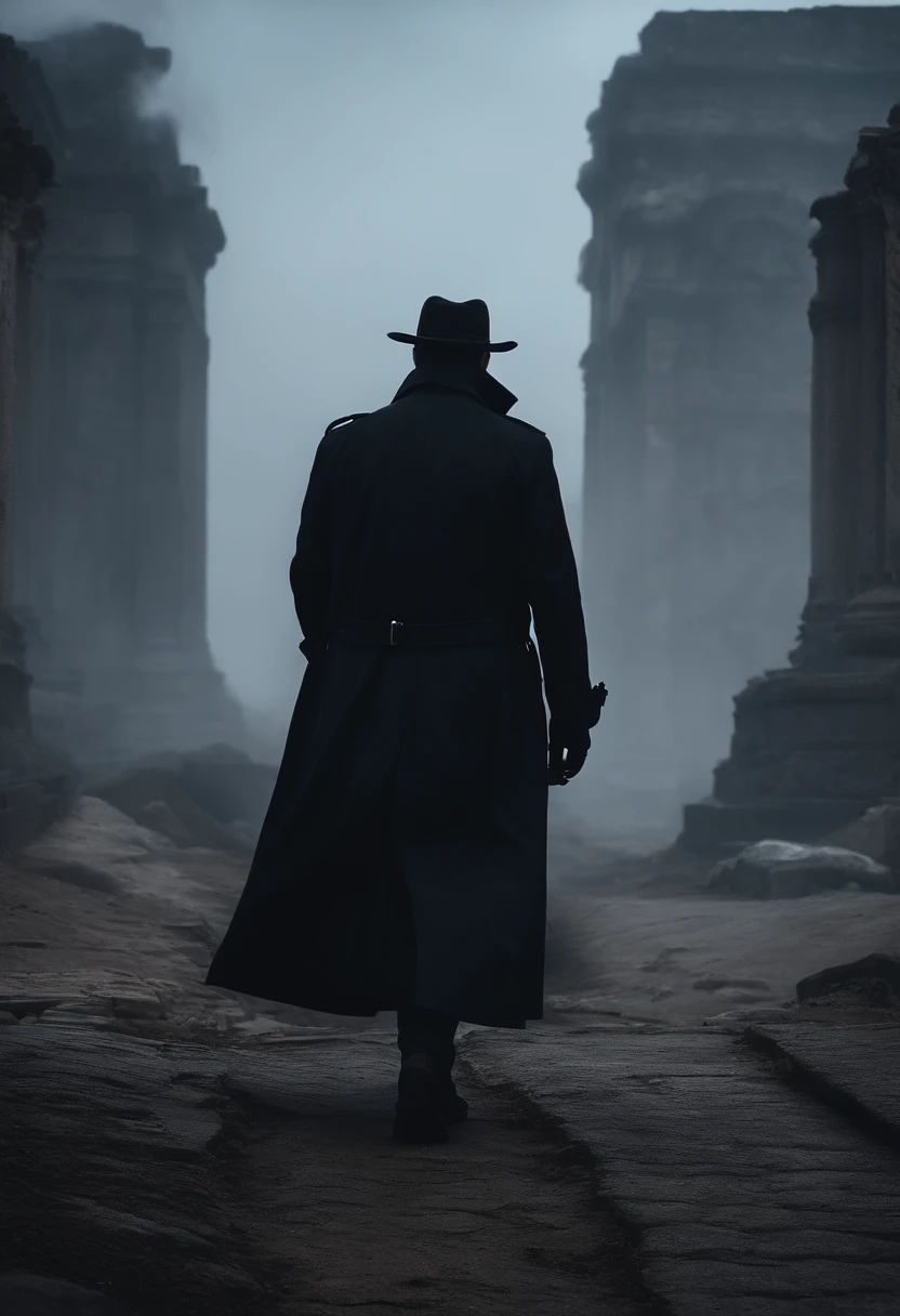 Black trench coat man,The background is the ruins of the city,There are huge monsters in the fog in the distance