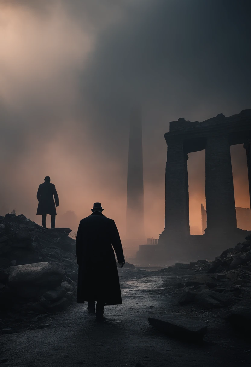 Black trench coat man,The background is the ruins of the city,There are huge monsters in the fog in the distance