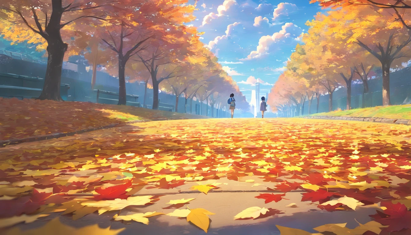 China-style,Ultra-wide angle of view,Beautiful view of autumn,school ground,Wagas,Cloud fog,fall foliage,Fallen leaves all over the ground,oc rendered,high qulity,8K,super-fine,Hyper-realistic,Ultra photo realsisim,35mm camera lens,ultra - detailed