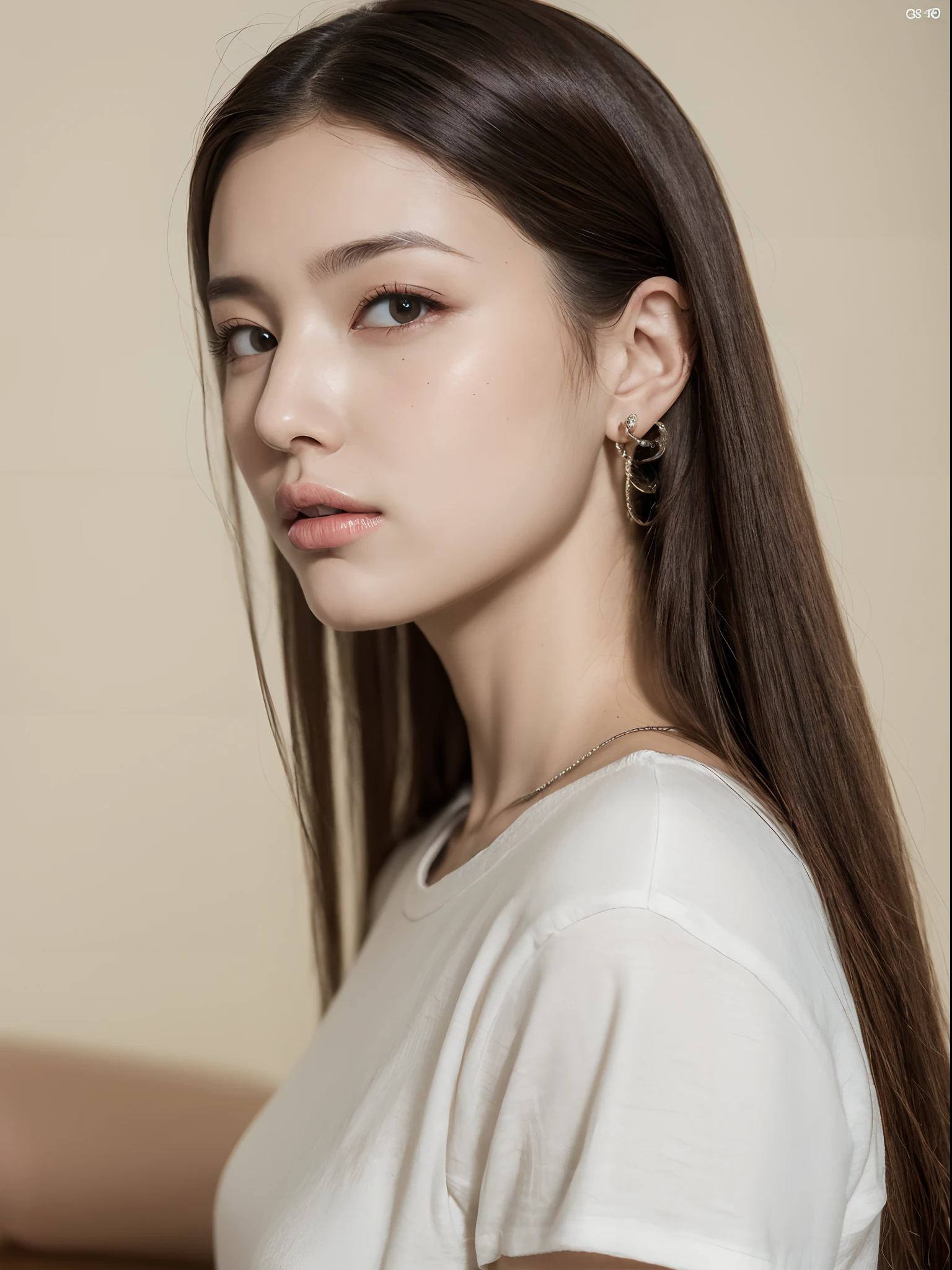 top-quality:1.3、​masterpiece、hight resolution、［1 girl in］、｛独奏｝、Raw photo、Real person、waist-up,Photo of a seductive woman with a loose style of brown hair, Pose in the room, mascara, ,(Textured skin, Skin pores:1.1), (Mole:0.6), (Imperfect skin:1.1) intricate detailes, goose bumps, face perfect, ((Photorealsitic):1.1), (Unripe, 8K:1.2)、Detailed skin、japanes、waved hair、Crew Neck T-Shirt、catchlight、piercings、a necklace、white walls、posterior view