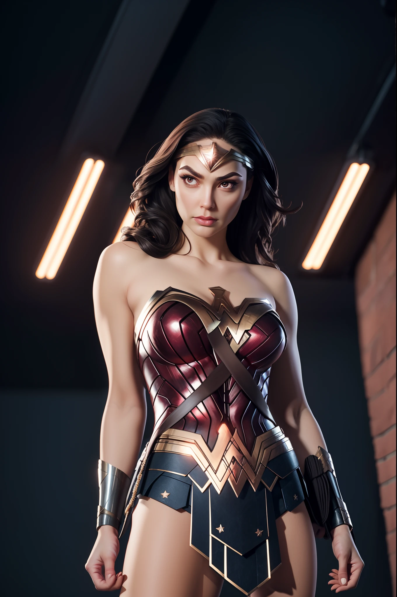 Wonder woman, Portrait photo by Altgarm, realism style, Glowing skin, Cartoon hero, Defined lips, Strong physical strength, Feminine body, Full body, viewer, (serious facial expression:1.2), Depth of field f/1.8, (((looking in camera))), Camera orientation, Building Street, natta, neon light, ultra wide lens, (Shooting from below),
