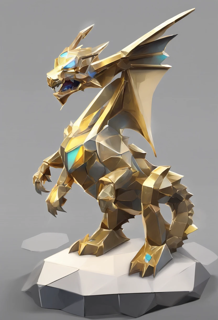 A metal dragon,hearthstone art style, Hearthstone style art, hearthstone concept art, Riot game concept art, style of league of legends, iconic character splash art, League of Legends crown,Game Boss,Surrounding metal feathers,White with gold texture,c4d渲染,Less detail,less detailing,Metal faucet,The head has gorgeous gemstones