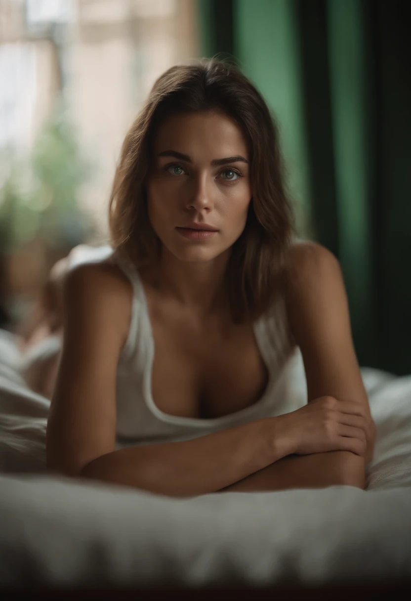 Jeune Femme Eurasienne aux yeux verts, A quatre patte sur un lit, aguicheuse