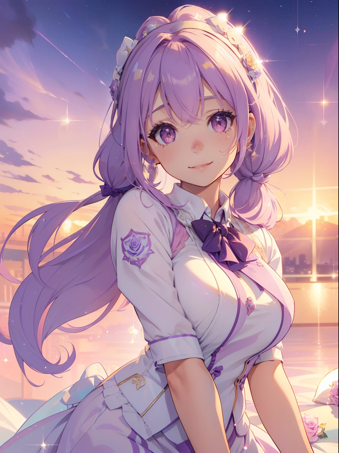 masutepiece, High resolution, 8K, anime woman, Delicate and detailed writing 、Detailed digital illustration、(((Straight pigtail)))、Shiny hair、Bangs、a very beautiful woman、Eyes are double, Large, (((Bust is an A cup)))、High image quality, High quality、Detailed background、(((Cute uniform in white and lilac color)))、The inside of the eye shines like a diamond、Light purple hair、Gradient pupil、(((2 arms、4 fingers, 1 thumb)))、Detailed female face、Very beautiful and cute woman、、细致背景、masterpiece、Soft Focus , Bright gradient watercolor , Lens Flare , (((Glitter))) , Glow , Dreamy , Light Purple Ribbon、(((Very Beautiful Light Purple Rose Hair Accessories)))、Light purple and gold uniform with white as the main color、Big smile、rainbows、(((police officer:1.2)))、Put on handcuffs、Clear sky in the evening