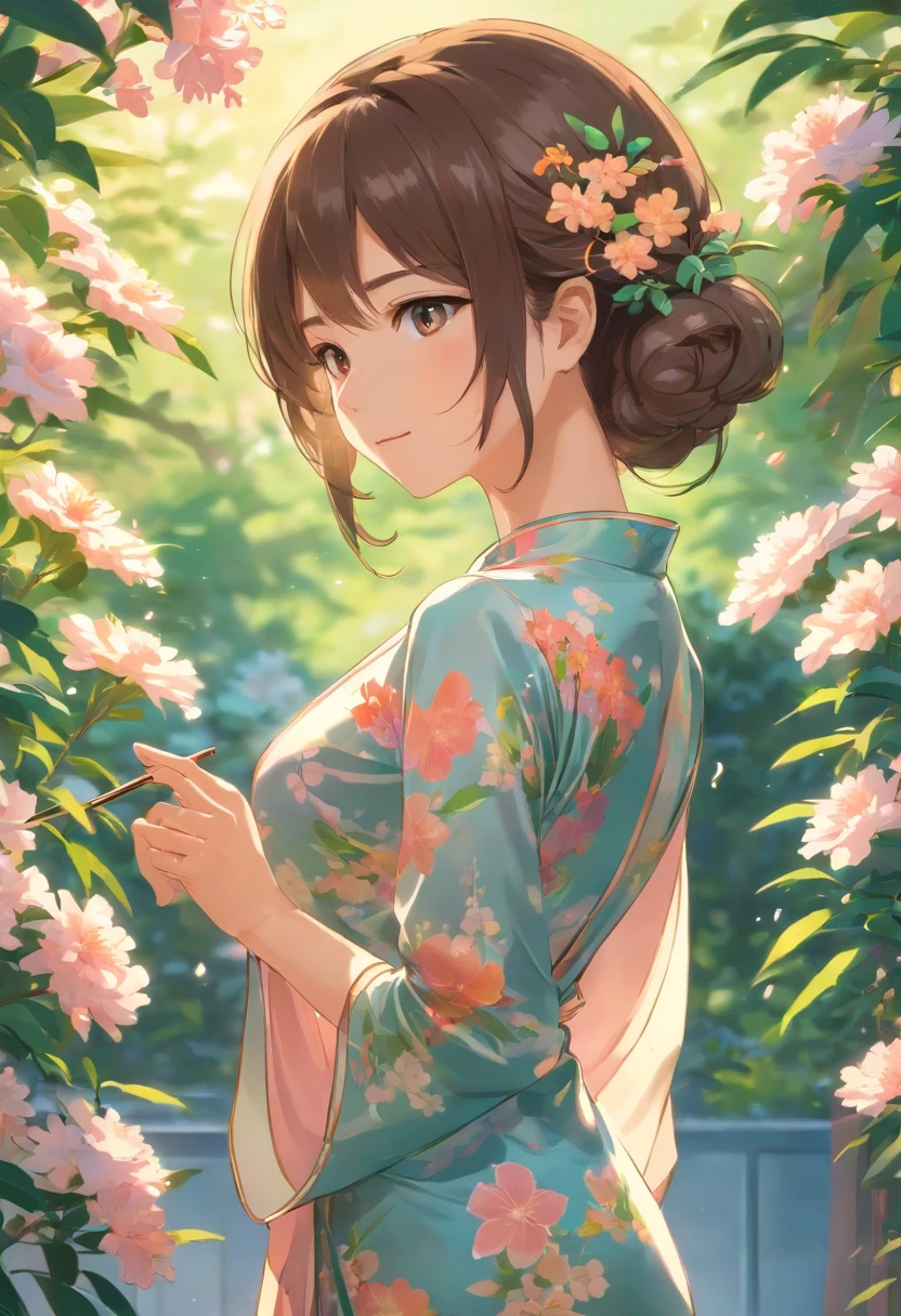 （From the outside） ， many color，Best quality at best，8K，real photograph，Delicate skin details，tmasterpiece，photograph of-realistic，Complicated details，RAW photogr,on the garden，ssmile，florals，Gorgeous cheongsam，Extra-long hair，cropped shoulders，delicated face，Expose cleavage，decorations，Perfect Finger，Dissection is correct，shiny skins