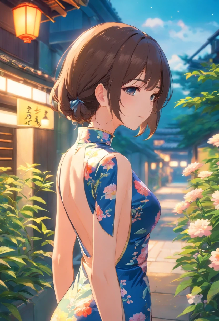 (From the outside) , many color,Best quality at best,8K,real photograph,Delicate skin details,tmasterpiece,photograph of-realistic,Complicated details,RAW photogr,on the garden,ssmile,florals,Gorgeous cheongsam,Extra-long hair,cropped shoulders,delicated face,Expose cleavage,decorations,Perfect Finger,Dissection is correct,shiny skins