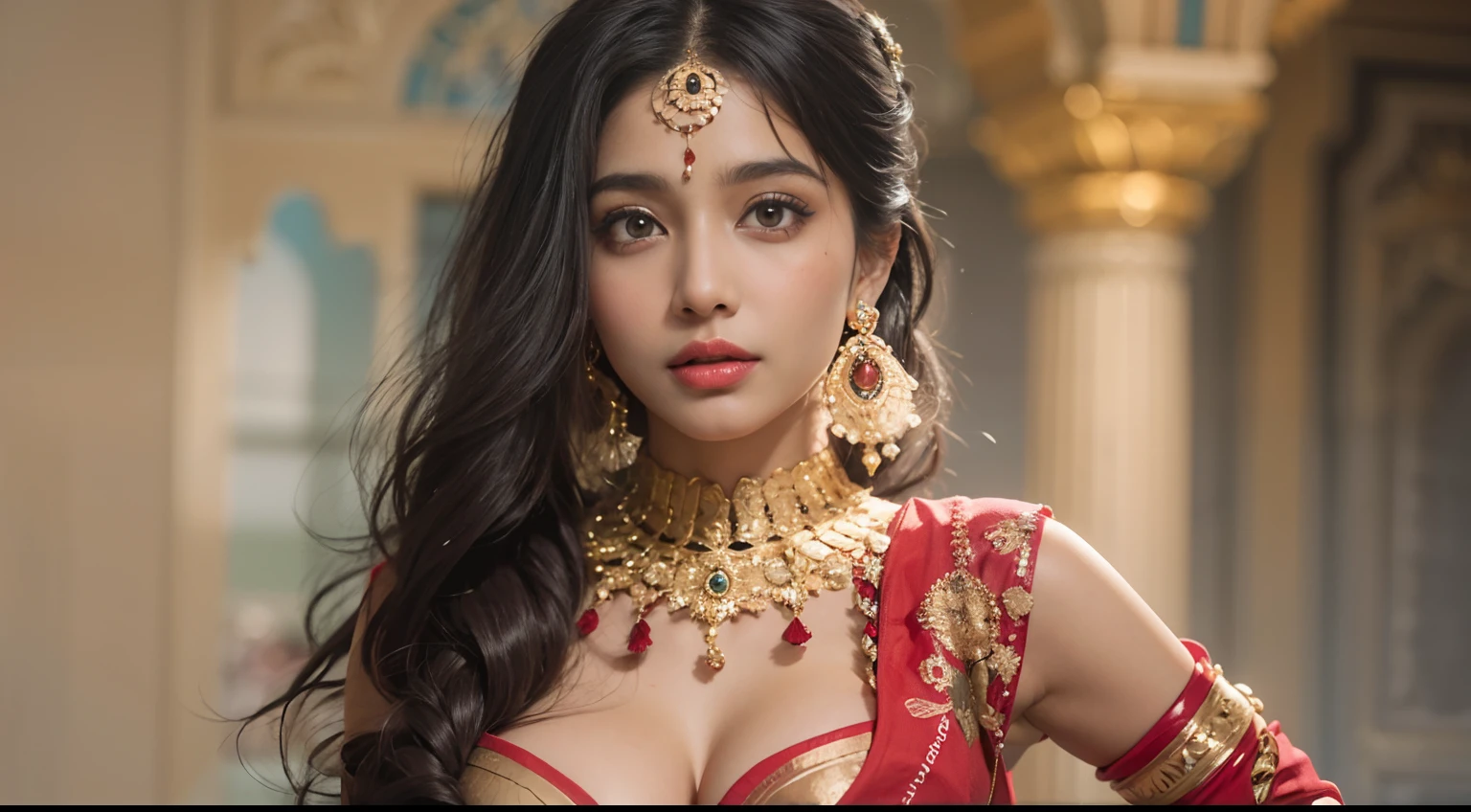 a woman in a sari posing for a picture, indian goddess, traditional beauty, indian, beautiful goddess, ornate cosplay, indian style, indian super model, beautiful maiden, gorgeous woman, south east asian with long, provocative indian, gorgeous beautiful woman, intricate outfit, hindu aesthetic, beautiful asian girl, extremely detailed goddess shot, jaw-dropping beauty, big boobs deep cleavage sexy navel beautidful eyes，Beautuful Women，ssmile，Enlarged breasts，A plump chest，Full Tits，Bigchest，Extra large breasts，Realisticstyle，Deep cleavage，perfect bodies，largeeyes，Beautiful hair