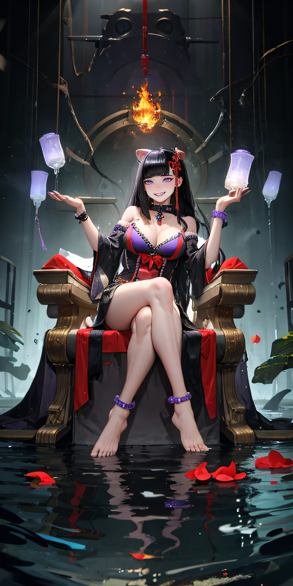 yamashiro768, (black hair, long hair, purple eyes:1.4), hair ornament, breasts, jewelry, 1girl, black_hair, long_hair, solo, anklet, sitting, cleavage, detached_sleeves, barefoot, bare_shoulders, bracelet, animal_ears, water, large_breasts, looking_at_viewer, smile, dress, hair_ornament, magic, fire, flower, very_long_hair, full_body, mole, wide_sleeves, bangs, feet, medium_breasts, thighs, petals, crossed_legs