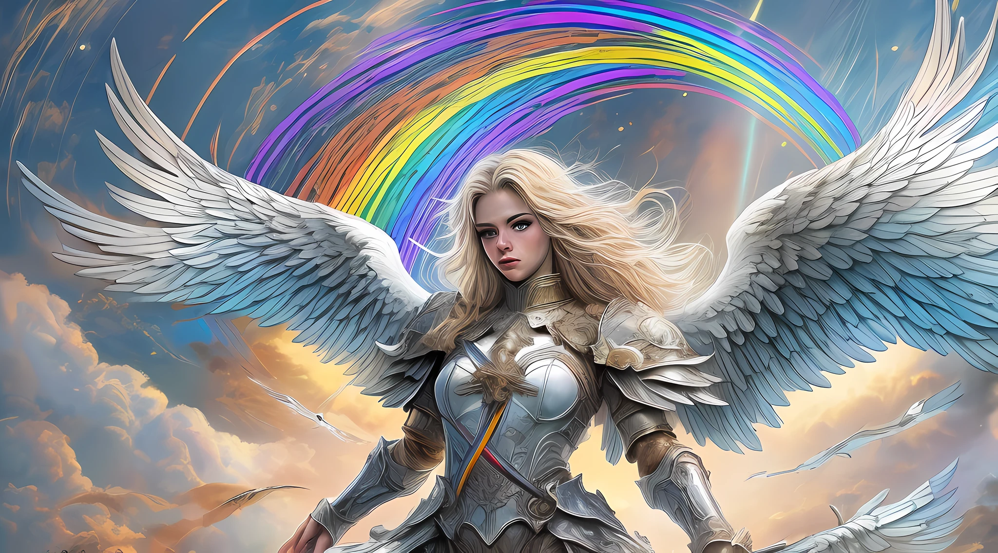 high details, best quality, 16k, [ultra detailed], masterpiece, best quality, dynamic angle, ultra wide shot, RAW, photorealistic, fantasy art, realistic art, a picture of a (colorful rainbow: 1.5) in the heavens and an archangel flying by, fantasy art, RPG art,  a full distance shot, an epic (rainbow: 1.5) between the clouds, an epic beautiful female archangel, blond hair, long hair, (wavy hair: 1.2), (blue eyes: 1.2), intense eyes (best detailed face: 1.3), (ultra feminine: 1.3) spread angelic wings angel_wings, wearing heavy armor, (with glowing divine sigils: 1.2), light clouds in the background, 16k, ultra detailed, masterpiece, best quality, ultra detailed, full body, ultra wide shot, photorealistic,