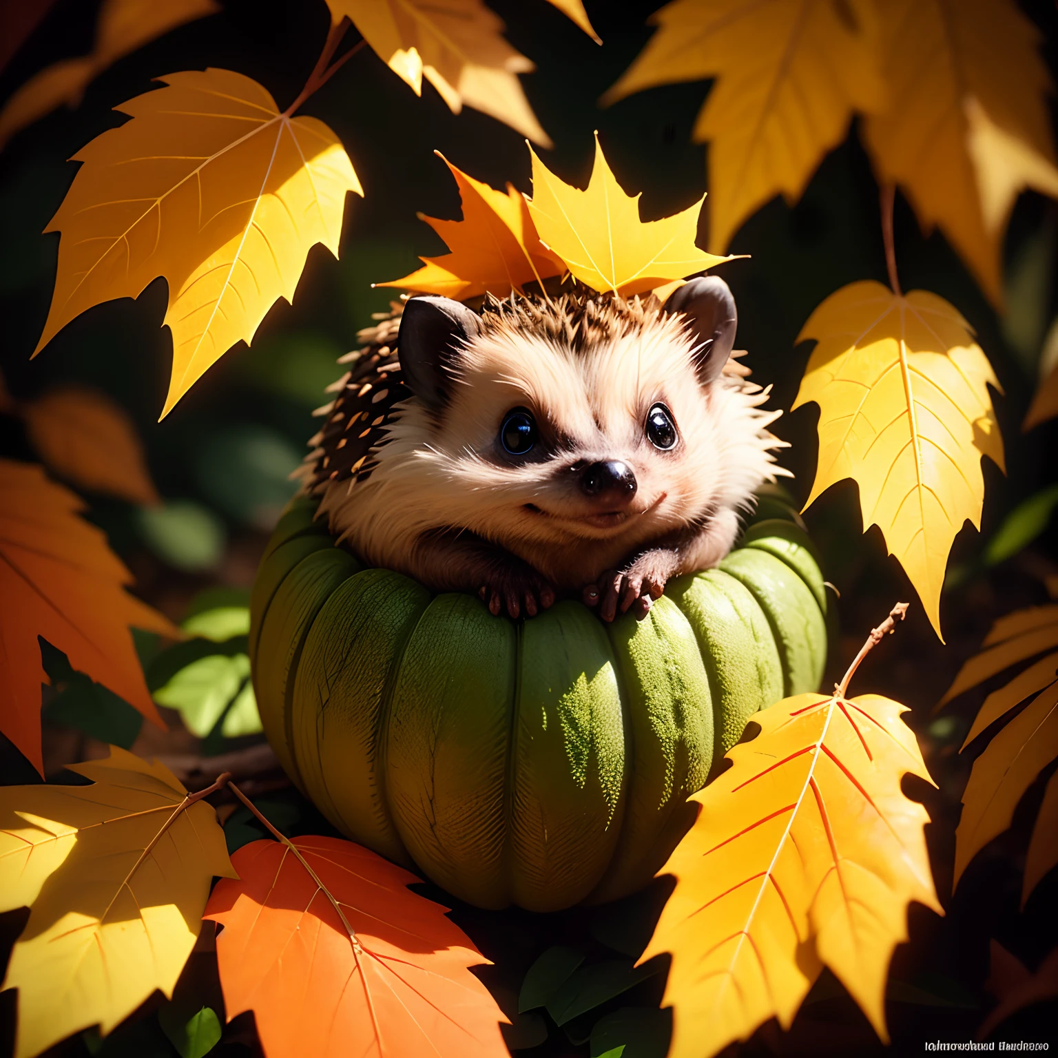 A litle Cute Hedgehog collects leaves on its thorns for winter. Autumn, maple leaves red and yellow, beech leaves yellow, fog, ultra-detailed, film photography, light leaks , sharp focus, studio photo, intricate details, highly detailed,