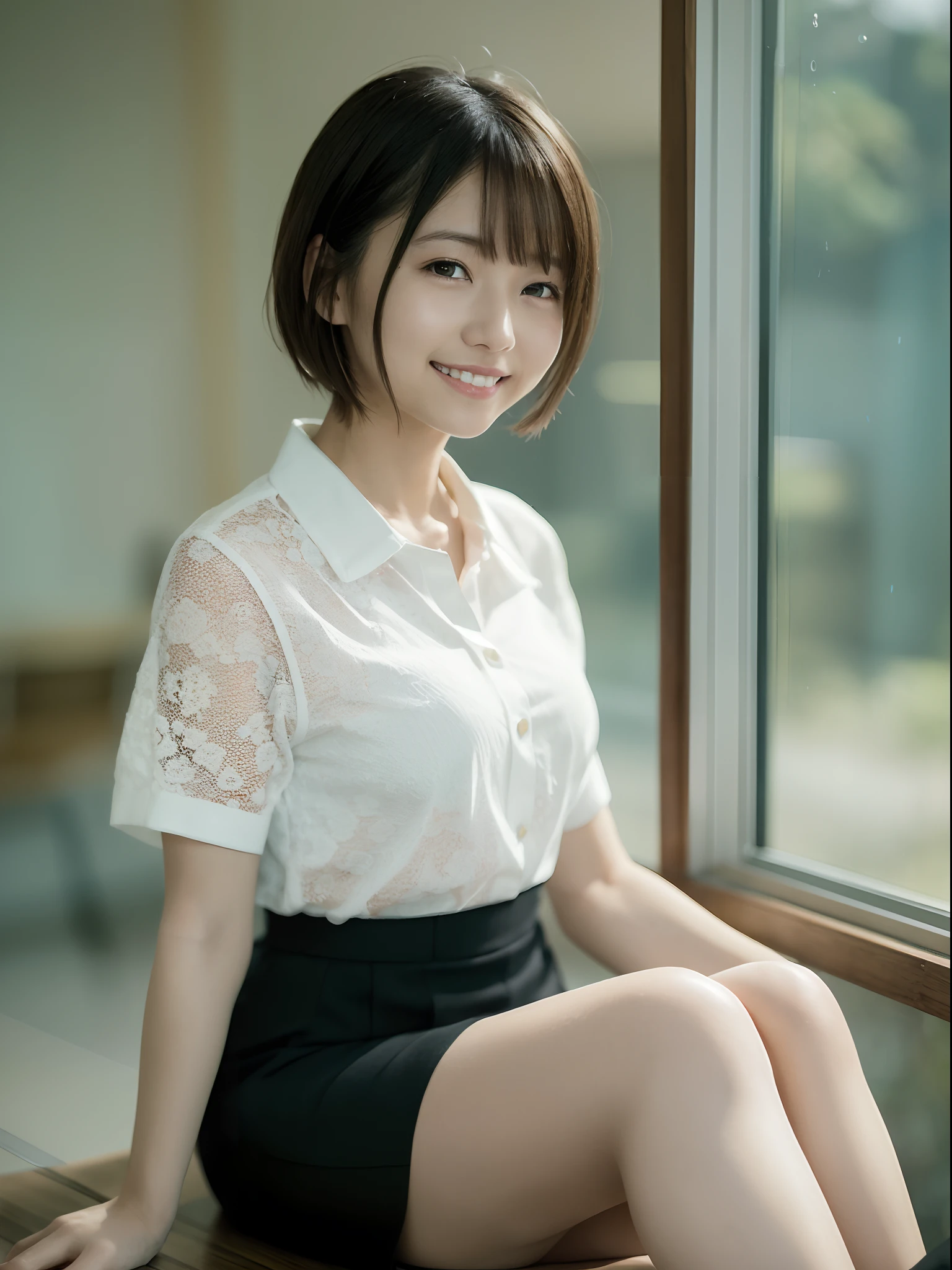 (8k、top-quality、masterpiece:1.2)、(realisitic、Photorealsitic:1.37)、ultra-detailliert、 1 人、cute little、soio、Beautiful detailed sky、Detailed Cafe、natta、sitting on、date、(Nasal blush)、 (a smile:1.15),(Closed)small tits,Beautiful fineness,(shirt with collar:1.1),natta,Wet,Business Wear,Sateen,White lace,(short-hair:1.2),Floating Hair NovaFrogStyle,An 18-year-old woman、Happy smile