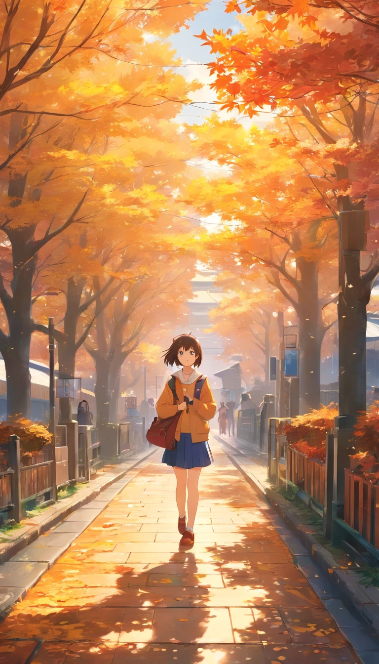 China-style,Ultra-wide angle of view,Beautiful view of autumn,school ground,Wagas,Cloud fog,fall foliage,Fallen leaves all over the ground,Tyndall rays,oc rendered,high qulity,8K,super-fine,Hyper-realistic,Ultra photo realsisim,35mm camera lens,ultra - detailed