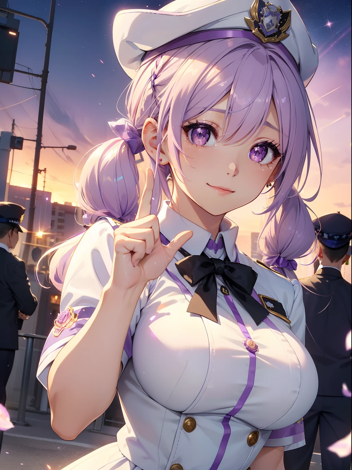 masutepiece, High resolution, 8K, anime woman, Delicate and detailed writing 、Detailed digital illustration、(((Straight pigtail)))、Shiny hair、Bangs、a very beautiful woman、Eyes are double, Large, (((Bust is an A cup)))、High image quality, High quality、Detailed background、(((Cute uniform in white and lilac color)))、The inside of the eye shines like a diamond、Light purple hair、Gradient pupil、(((2 arms、4 fingers, 1 thumb)))、Detailed female face、Very beautiful and cute woman、、细致背景、masterpiece、Soft Focus , Bright gradient watercolor , Lens Flare , (((Glitter))) , Glow , Dreamy , Light Purple Ribbon、(((Very Beautiful Light Purple Rose Hair Accessories)))、Light purple and gold uniform with white as the main color、Big smile、rainbows、(((Police Uniform:1.2)))、Put on handcuffs、Clear sky in the evening、(((Police Hat)))