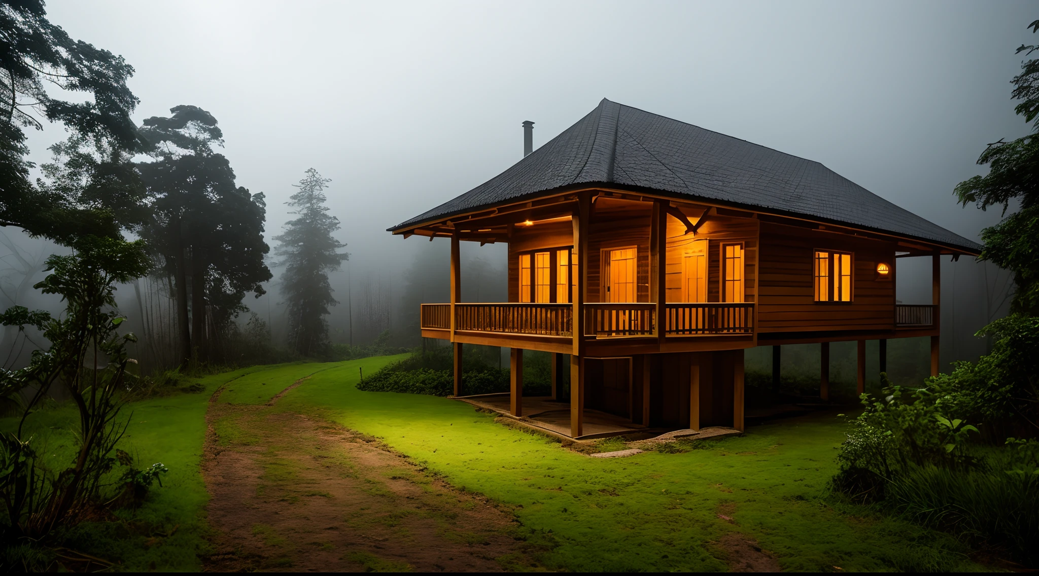 a wooden house in the woods at night on a rainy day, clouded skies, tempo chuvoso, neblina forte, foto realista