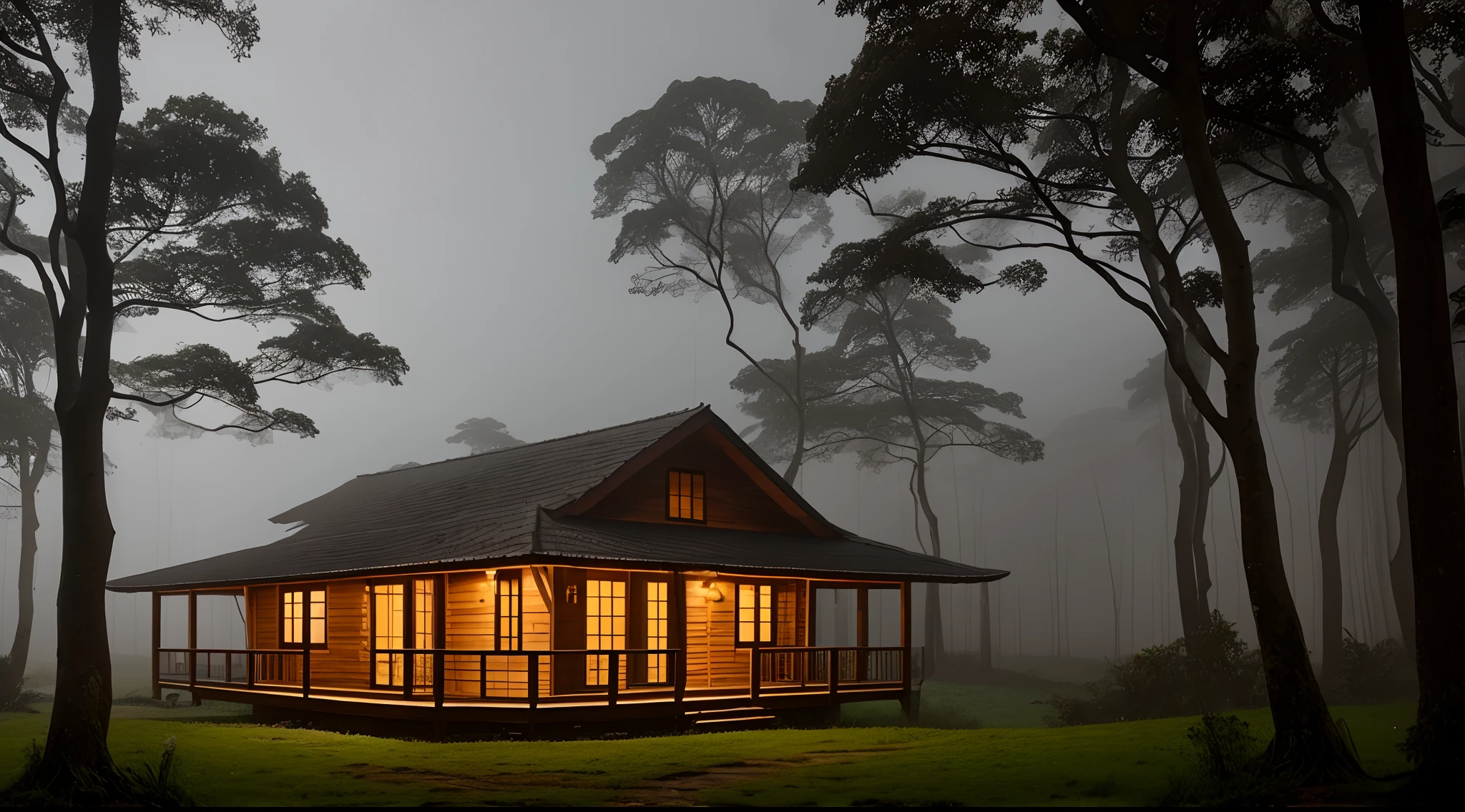 a wooden house in the woods at night on a rainy day, clouded skies, tempo chuvoso, neblina forte, foto realista