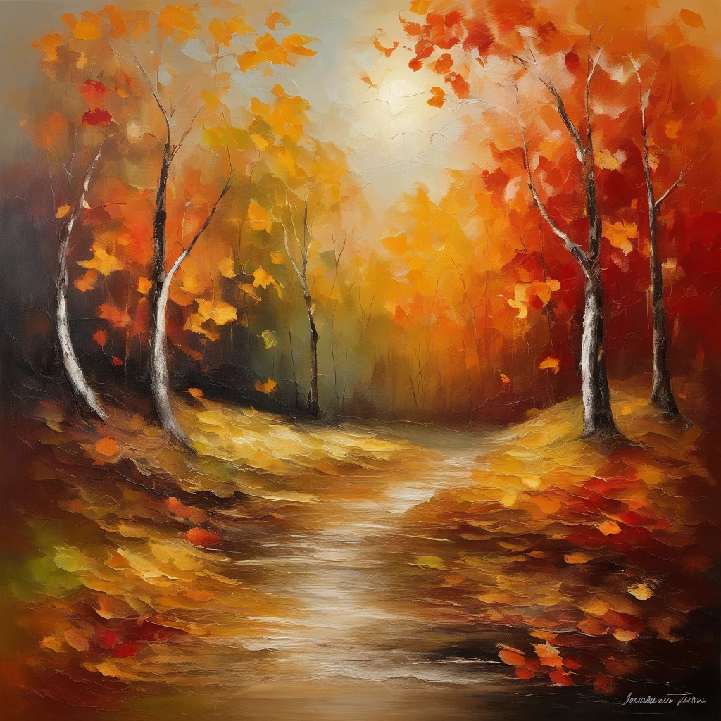 Autumn landscape,Beautiful gold leaf,Shadows fall,prime time,Soft lighting,Peaceful atmosphere,serene environment,serene gardens,Falling leaves,Gentle breeze,impressionist drawing,Rich textures,a warm color palette,Vivid red and orange,The subtle play of light and shadow,Detailed brush strokes,enchanting landscape,Quiet solitude,Magical atmosphere,Whisper style,Majestic trees,Fresh air,Color heaven,The leaves rustle,Evoke nostalgia,Harmony with nature,Splendid beauty,Spectacular views,Dancing leaves