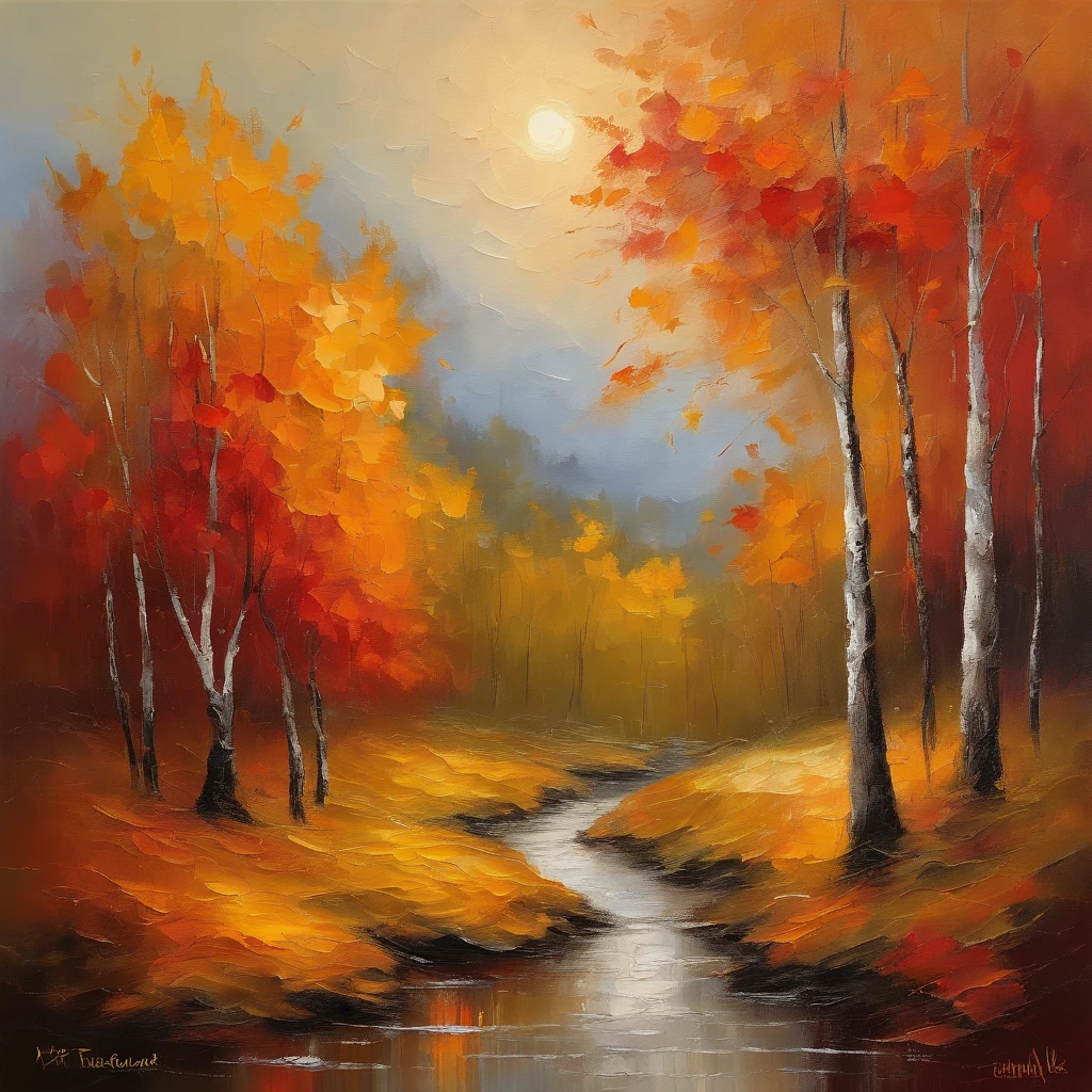 Autumn landscape,Beautiful gold leaf,Shadows fall,prime time,Soft lighting,Peaceful atmosphere,serene environment,serene gardens,Falling leaves,Gentle breeze,impressionist drawing,Rich textures,a warm color palette,Vivid red and orange,The subtle play of light and shadow,Detailed brush strokes,enchanting landscape,Quiet solitude,Magical atmosphere,Whisper style,Majestic trees,Fresh air,Color heaven,The leaves rustle,Evoke nostalgia,Harmony with nature,Splendid beauty,Spectacular views,Dancing leaves