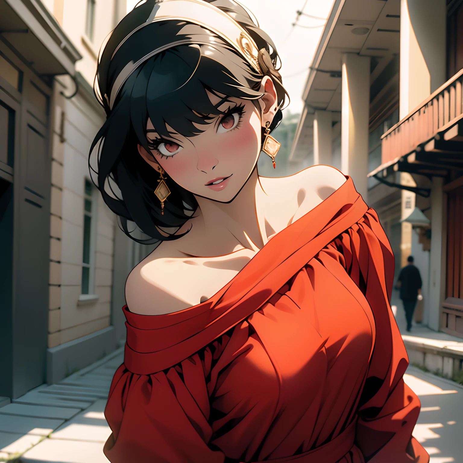 (masterpiece, best quality) yor, 1girl, solo, cowboy shot, beautiful, blushing, extremely sexy, sensuality, looking at viewer, black hair, red eyes, dress, bare shoulders, jewelry, collarbone, sidelocks, hairband, earrings, indoors, off shoulder, :o, sweater, arms behind back, plant, short hair with long locks, white hairband, off-shoulder dress, sweater dress, off-shoulder sweater, red sweater, big side hair, very long side hair, big breasts