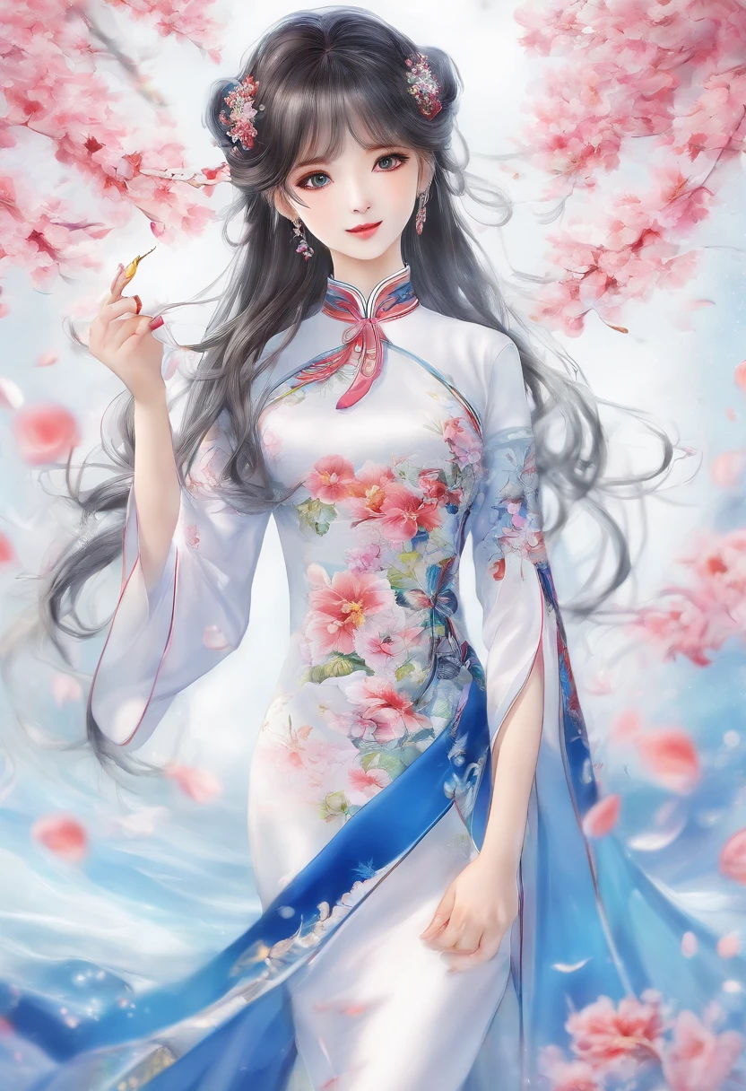 (From the outside) , many color,Best quality at best,8K,real photograph,Delicate skin details,tmasterpiece,photograph of-realistic,Complicated details,RAW photogr,on the garden,ssmile,florals,Gorgeous cheongsam,Extra-long hair,cropped shoulders,delicated face,Expose cleavage,decorations,Perfect Finger,Dissection is correct,shiny skins