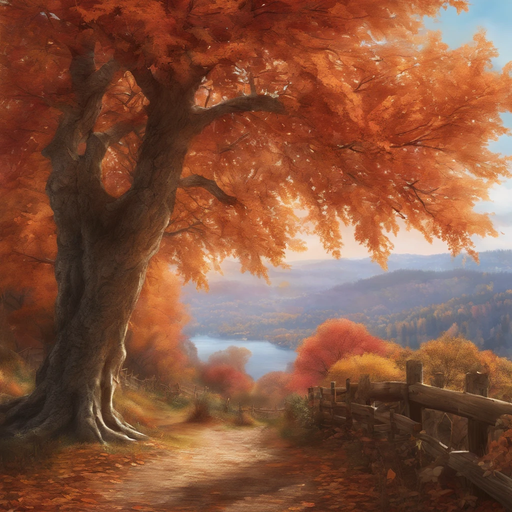 Autumn landscape,Beautiful gold leaf,Shadows fall,prime time,Soft lighting,Peaceful atmosphere,serene environment,serene gardens,Falling leaves,Gentle breeze,impressionist drawing,Rich textures,a warm color palette,Vivid red and orange,The subtle play of light and shadow,Detailed brush strokes,enchanting landscape,Quiet solitude,Magical atmosphere,Whisper style,Majestic trees,Fresh air,Color heaven,The leaves rustle,Evoke nostalgia,Harmony with nature,Splendid beauty,Spectacular views,Dancing leaves