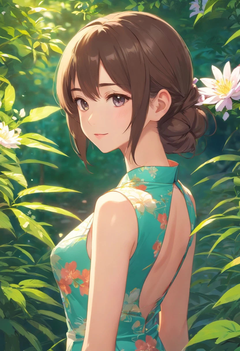 (From the outside) , many color,Best quality at best,8K,real photograph,Delicate skin details,tmasterpiece,photograph of-realistic,Complicated details,RAW photogr,on the garden,ssmile,florals,Gorgeous cheongsam,Extra-long hair,cropped shoulders,delicated face,Expose cleavage,decorations,Perfect Finger,Dissection is correct,shiny skins