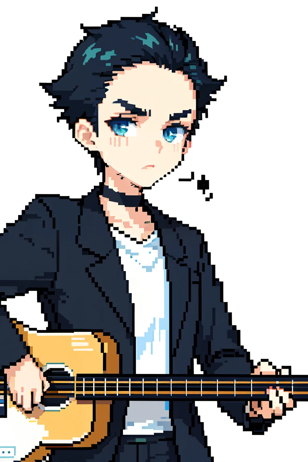 （tmasterpiece，top Quority，best qualtiy），pix，pixelart，1boys，Close-up of the head，with short black hair，Brush cut，elongated face，thick bushy eyebrows，mtu，elongated face，the guitar player