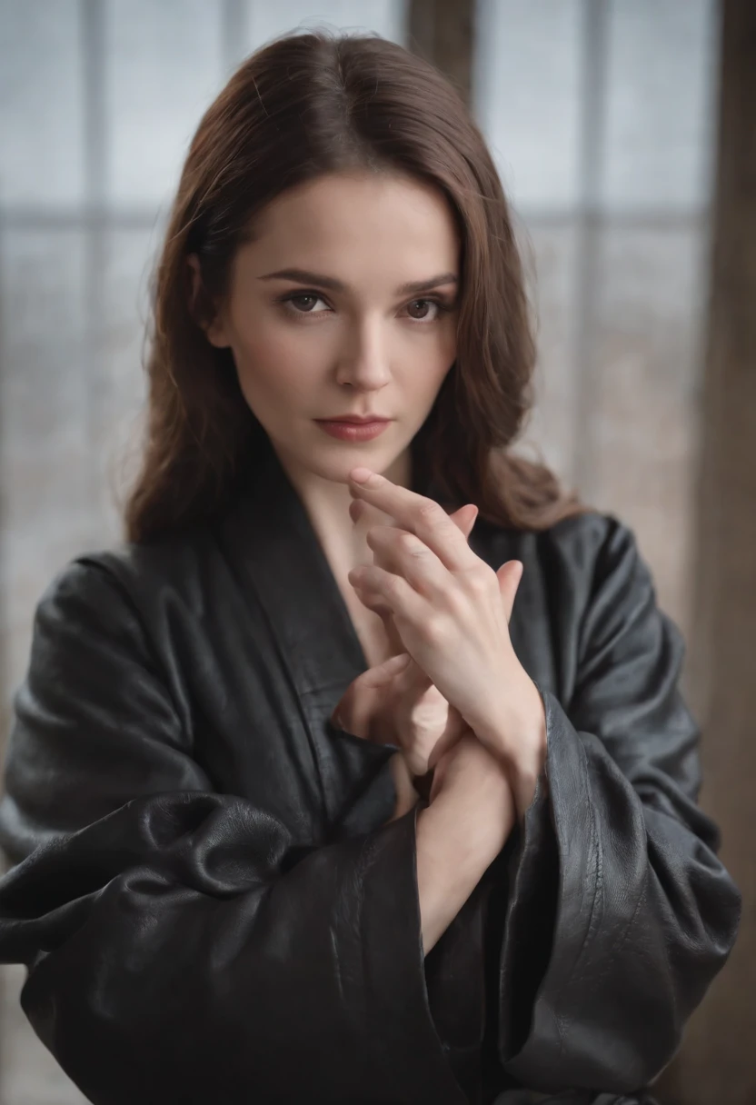 A woman wearing a black leather robe with five fingers in both hands