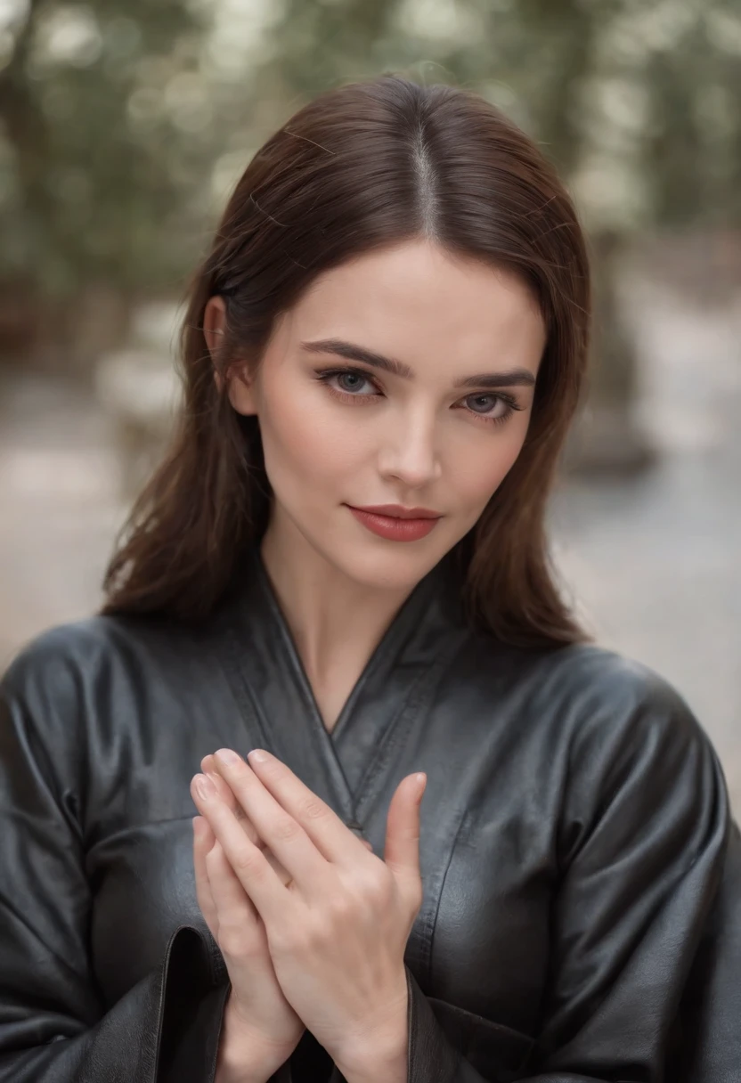 A woman wearing a black leather robe with five fingers in both hands