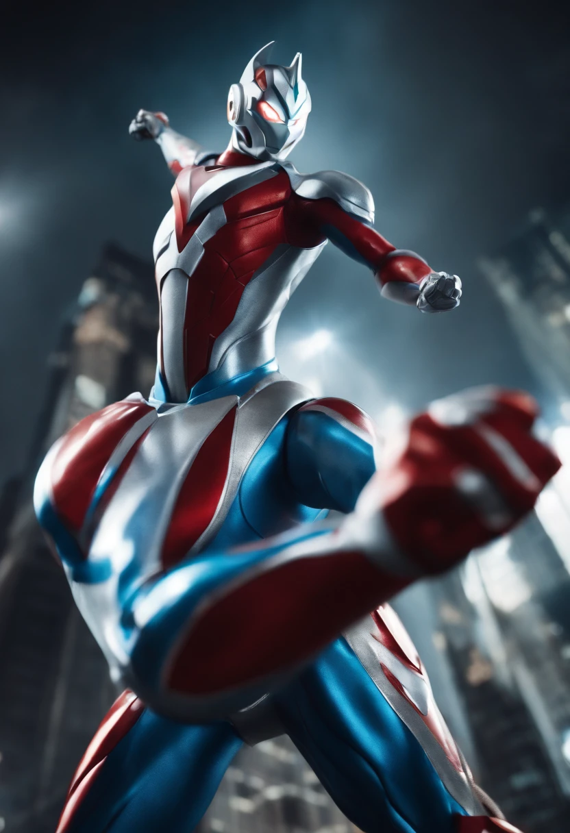 (Masterpiece, Superb Quality, Super Delicate, High Resolution), Male Focus, (((ginga Ultraman))), ((Muscles))), (His head is tapered, color his body is blue and red, his arms are streamlined, he looks tall and thin, the overall shape is streamlined and modern), (fisting), posing for photos, high angle, dark night, city ruins, background details, (((whole body))), from above, (((sense of greatness)))