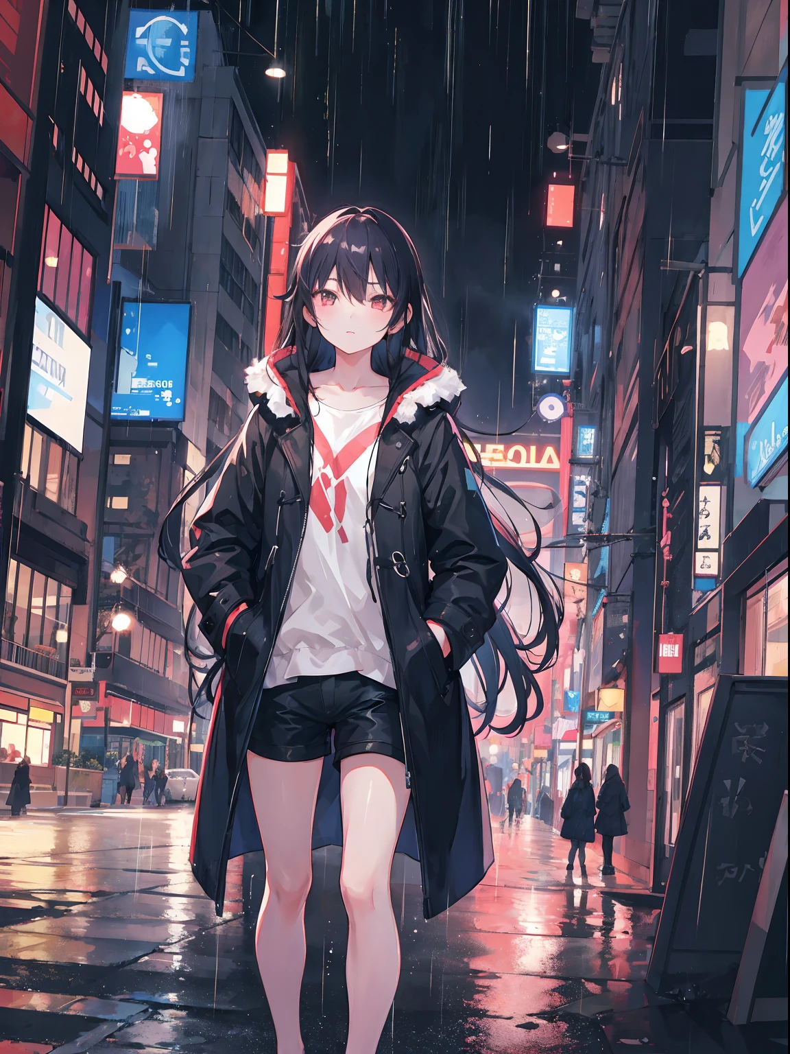 1girl,night city,rain,long hair,coat,shorts,hands in pockets