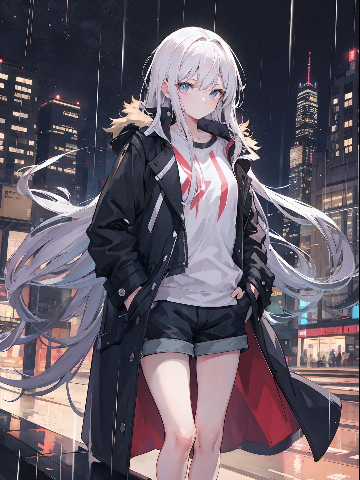 1girl,night city,rain,long hair,coat,shorts,hands in pockets