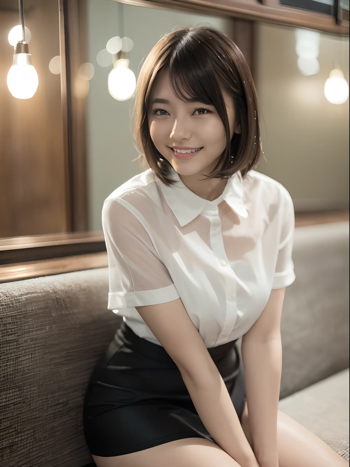 (8K、top-quality、masterpiece:1.2)、(realisitic、Photorealsitic:1.37)、ultra-detailliert、女の子 1 人、cute little、Soio、Beautiful detailed sky、Detailed Cafe、natta、sitting on、date、(Nasal blush)、 (A smile:1.15),(Closed)small tits,Beautiful fineness,(shirt with collar:1.1),natta,Wet,Business Wear,Sateen,White lace,(short-hair:1.2),Floating Hair NovaFrogStyle,An 18-year-old woman、Happy smile