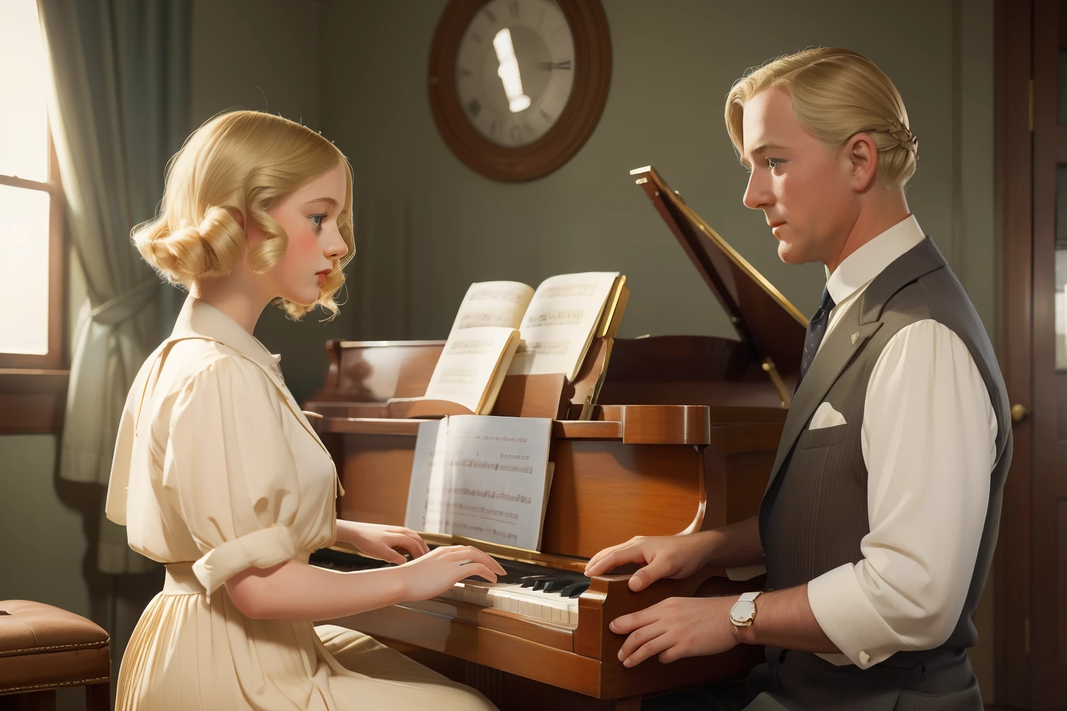 Year: 1939. Location: Memphis, Tennessee. pre-raphaelite tween blonde girl, playing the piano ((with her dad)), ((daylight)), ((1930s rich clothes)) ((1930s hairstyle)) ((in the style of "OMITB")) ((cinematic style))