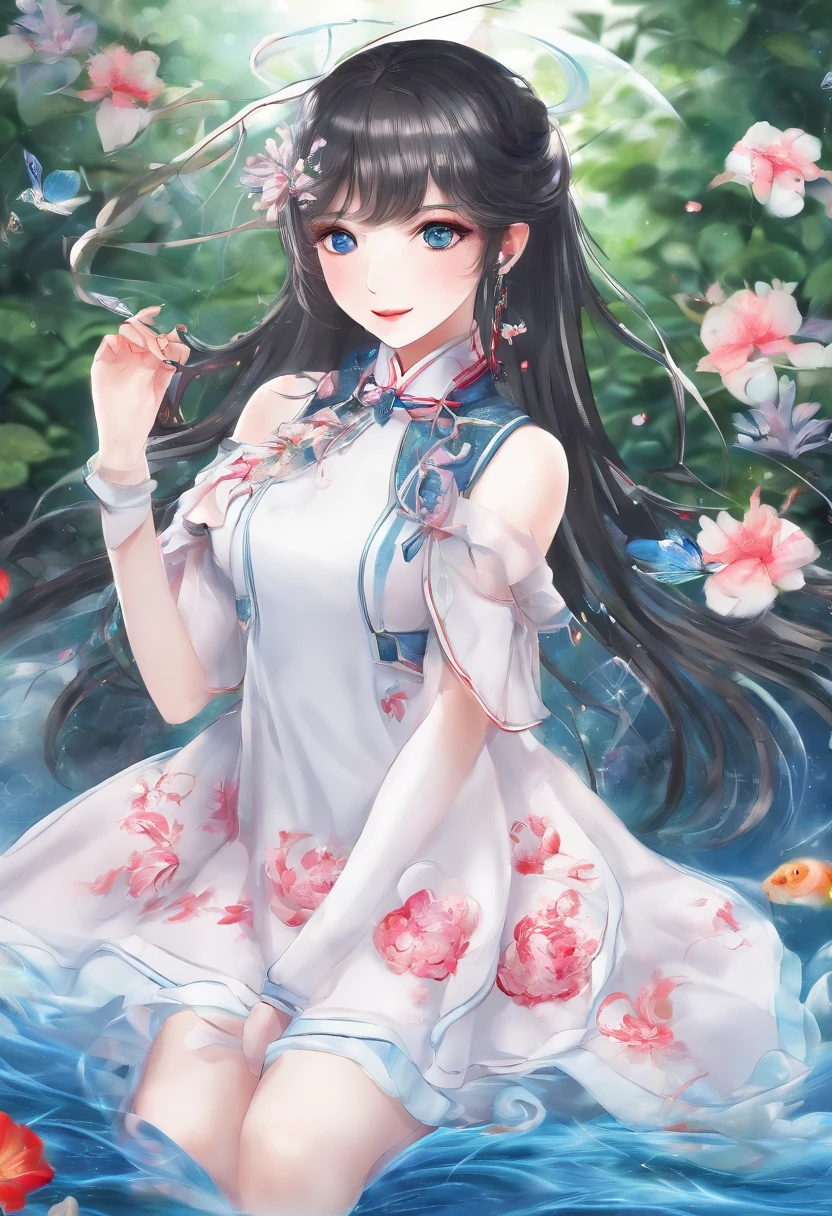 （From the outside） ， many color，Best quality at best，8K，real photograph，Delicate skin details，tmasterpiece，photograph of-realistic，Complicated details，RAW photogr,on the garden，ssmile，florals，Gorgeous cheongsam，Extra-long hair，cropped shoulders，delicated face，Expose cleavage，decorations，Perfect Finger，Dissection is correct，shiny skins